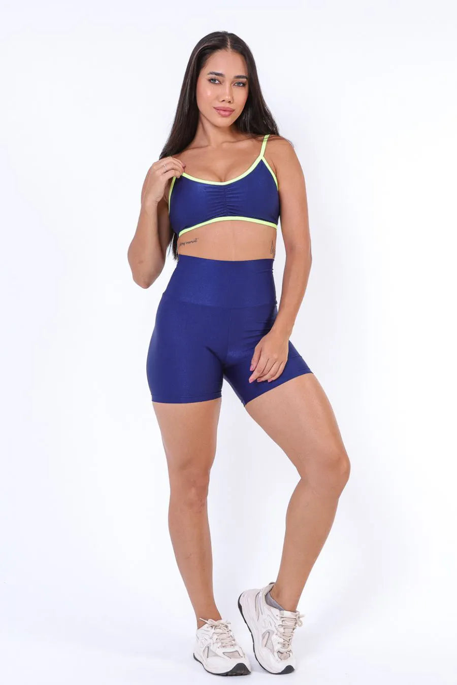 Conjunto Short Canelado de Compressão Marinho Neon