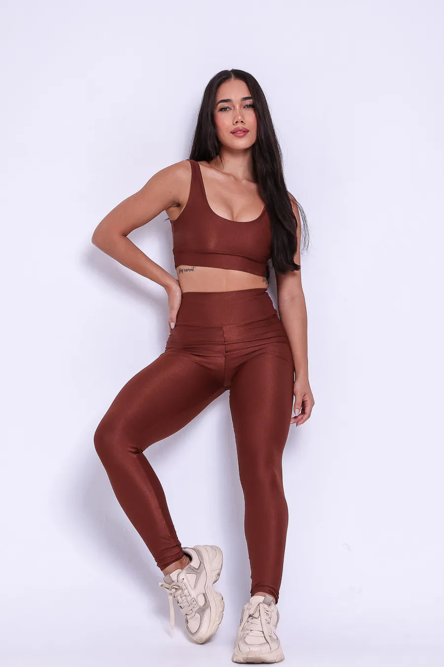 Conjunto Legging + Top Canelado de Compressão Marrom Café