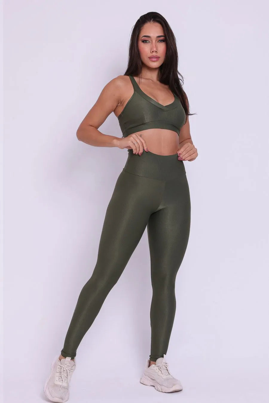 Conjunto Legging + Top Canelado de Compressão Verde Musgo