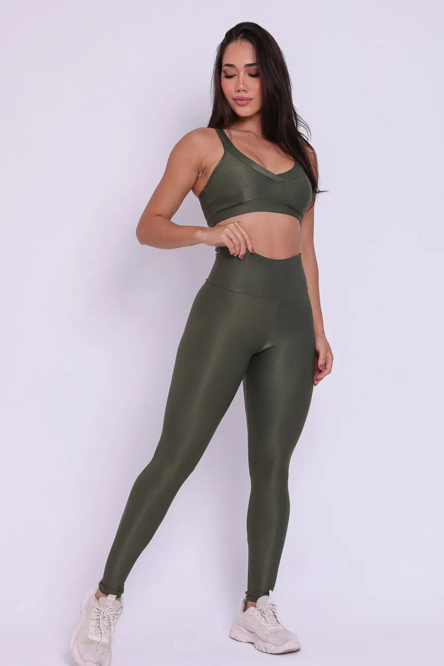 Conjunto Legging + Top Canelado de Compressão Verde Musgo