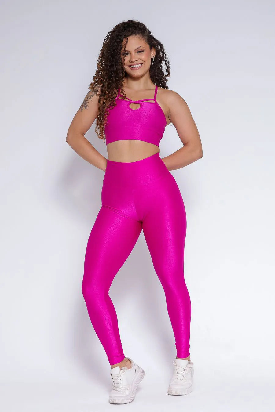 Conjunto Legging + Top Rosa Magenta Canelado de Compressão